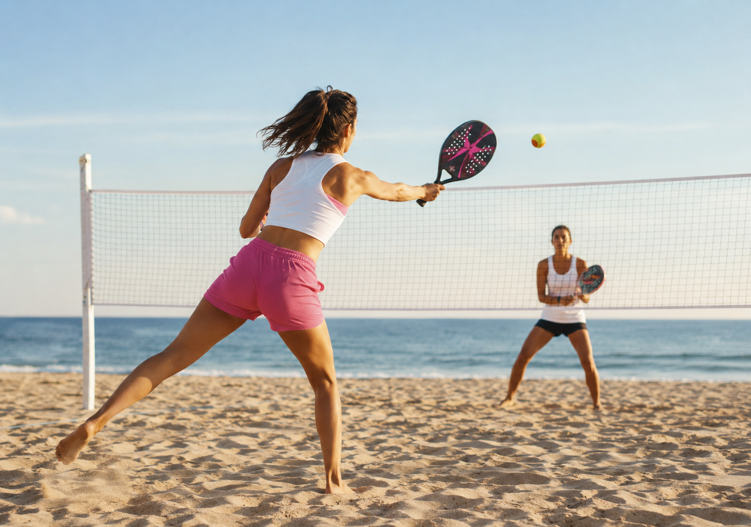Jugadoras practicando Beach Tennis en la playa