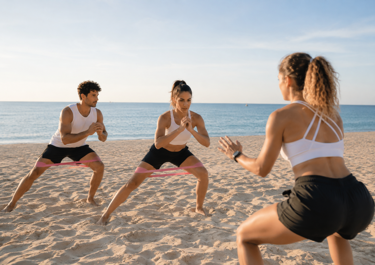 Grupo practicando Beach Movement junto al mar